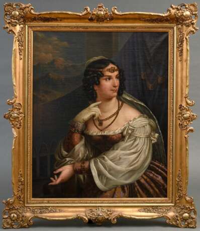 Wedeking, August Wilhelm (1807-1876) „Die Dame mit dem Handschuh“ 1844, Öl/Leinwand, u.l. sign./dat., Original Prunk Rahmen, 89x71cm (m.R. 116x100cm), o.r. kleine Leinwanddelle, Craquelé - фото 2