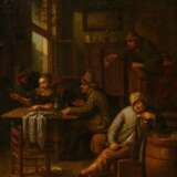Unbekannter niederländischer Meister des 17./18.Jh. "Gast- oder Freudenhausszene", in der Art von Egbert van Heemskerk II (1635-1704), Öl/Leinwand, verso Provenienzangaben, Prunkrahmen, 47x37,5cm (m.R. 67x57cm)… - Foto 1