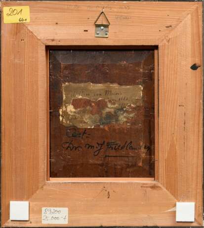 Mieris, Willem van (1662-1747) zugeschr. "Fischhändlerin", Öl/Holz, verso bez. u.a. "Cert= Dr. M.J. Friedländer", 19,6x16,2cm (m.R. 34,8x31cm) - photo 6