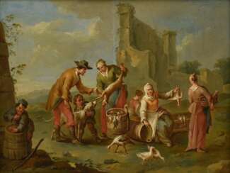 Aigen, Karl Joseph (1684-1762) „Marktszene mit Fleischhändlern“, Öl/Holz, u.r. sign., vergoldeter Prunkrahmen (leichte Altersspuren), 29x40,3cm (m.R. 36x47cm), feines Craquelé, rest.