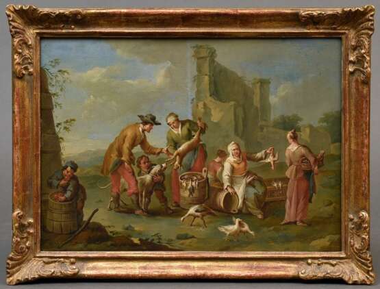 Aigen, Karl Joseph (1684-1762) „Marktszene mit Fleischhändlern“, Öl/Holz, u.r. sign., vergoldeter Prunkrahmen (leichte Altersspuren), 29x40,3cm (m.R. 36x47cm), feines Craquelé, rest. - фото 2