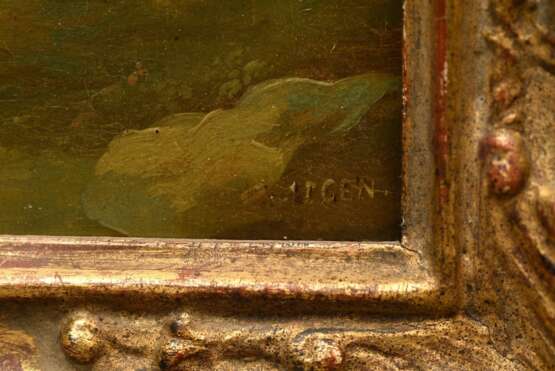 Aigen, Karl Joseph (1684-1762) „Marktszene mit Fleischhändlern“, Öl/Holz, u.r. sign., vergoldeter Prunkrahmen (leichte Altersspuren), 29x40,3cm (m.R. 36x47cm), feines Craquelé, rest. - фото 3
