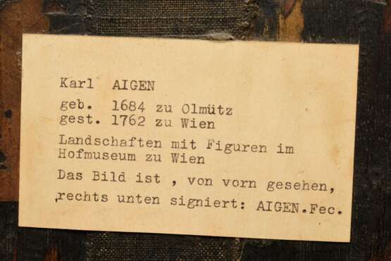 Aigen, Karl Joseph (1684-1762) „Marktszene mit Fleischhändlern“, Öl/Holz, u.r. sign., vergoldeter Prunkrahmen (leichte Altersspuren), 29x40,3cm (m.R. 36x47cm), feines Craquelé, rest. - фото 5