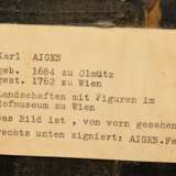 Aigen, Karl Joseph (1684-1762) „Marktszene mit Fleischhändlern“, Öl/Holz, u.r. sign., vergoldeter Prunkrahmen (leichte Altersspuren), 29x40,3cm (m.R. 36x47cm), feines Craquelé, rest. - фото 5