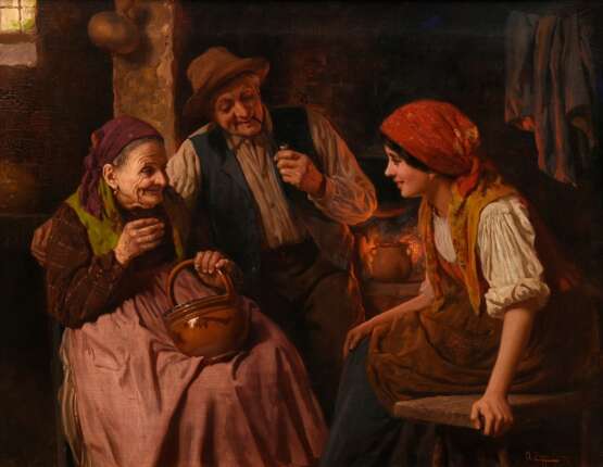 Zoppi, Antonio (1860-1926) "Die Unterhaltung am Herdfeuer", Öl/Leinwand, u.r. sign./bez., verso auf Klebeetikett bez., 52x67cm (m.R. 72,5x86,5cm), Craquelé - Foto 2