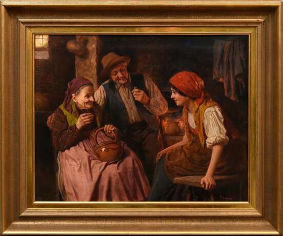 Zoppi, Antonio (1860-1926) "Die Unterhaltung am Herdfeuer", Öl/Leinwand, u.r. sign./bez., verso auf Klebeetikett bez., 52x67cm (m.R. 72,5x86,5cm), Craquelé - Foto 3