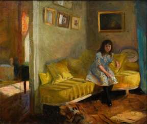 Unbekannter Künstler des frühen 20.Jh. &quot;Mädchen auf gelbem Sofa&quot;, Öl/Malpappe, Impressionisten Rahmen (leichte Altersspuren, 50,5x59,5cm (m.R. 63,5x72,5cm), kleine Defekte der Maloberfläche