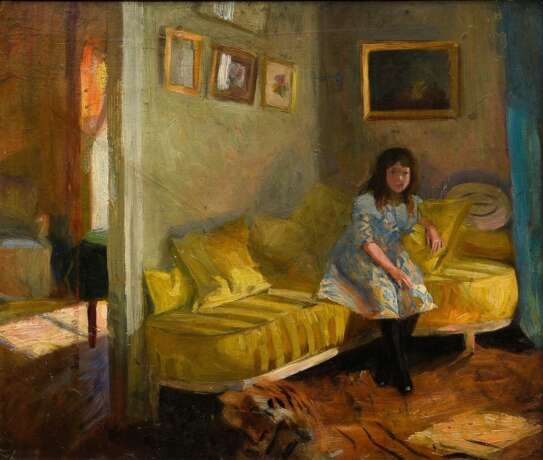 Unbekannter Künstler des frühen 20.Jh. "Mädchen auf gelbem Sofa", Öl/Malpappe, Impressionisten Rahmen (leichte Altersspuren, 50,5x59,5cm (m.R. 63,5x72,5cm), kleine Defekte der Maloberfläche - Foto 1