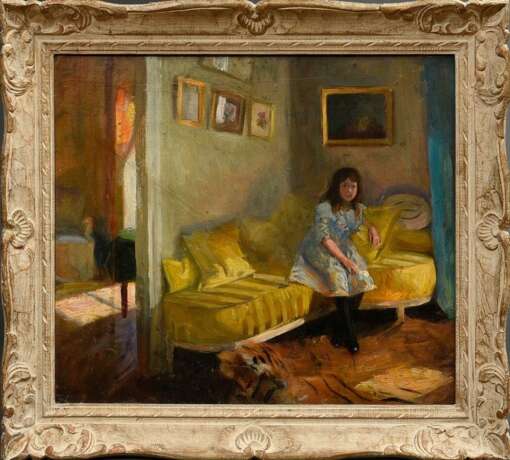 Unbekannter Künstler des frühen 20.Jh. "Mädchen auf gelbem Sofa", Öl/Malpappe, Impressionisten Rahmen (leichte Altersspuren, 50,5x59,5cm (m.R. 63,5x72,5cm), kleine Defekte der Maloberfläche - Foto 2