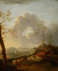 Schalcke, Cornelis S. van der (1611-1671) „Rastende Tiere vor weiter Landschaft“, Öl/Holz, u.l. sign., verso bez., Prunkrahmen (kleine Defekte), 24x19,3cm (m.R. 42,5x38cm), Maloberfläche leicht rissig