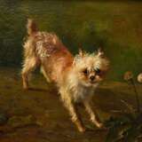Rückert, Friedrich (1832-1893) "Terrier mit Löwenzahn" 1879, Öl/Leinwand, u.l. sign./dat., Prunkrahmen (kleine Defekte), 50,3x61,5cm (m.R. 68x79cm), rest. - photo 1