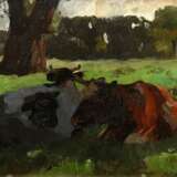 Herbst, Thomas (1848-1915) "Zwei liegende Kühe", Öl/Malpappe, verso Klebeetikett "Galerie Herold/Hbg.", WVZ 279, Impressionisten Rahmen (leicht berieben), 18x23,2cm (m.R. 33x39cm) - Foto 1