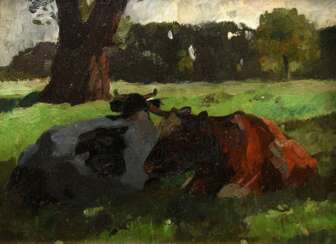 Herbst, Thomas (1848-1915) &quot;Zwei liegende Kühe&quot;, Öl/Malpappe, verso Klebeetikett &quot;Galerie Herold/Hbg.&quot;, WVZ 279, Impressionisten Rahmen (leicht berieben), 18x23,2cm (m.R. 33x39cm)