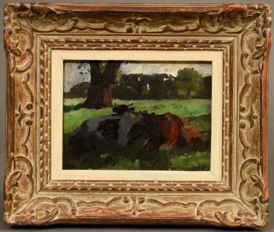 Herbst, Thomas (1848-1915) "Zwei liegende Kühe", Öl/Malpappe, verso Klebeetikett "Galerie Herold/Hbg.", WVZ 279, Impressionisten Rahmen (leicht berieben), 18x23,2cm (m.R. 33x39cm) - фото 2