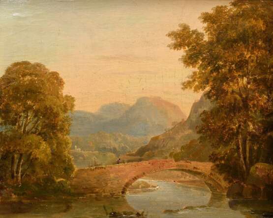 Ibbetson, Julius Caesar (1759-1817) zugeschr. "Felsige Landschaft mit Brücke", Öl/Holz, verso bez., 19x23,5cm (m.R. 30,7x35,2cm), Craquelé - photo 1