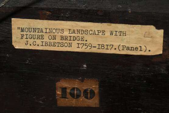 Ibbetson, Julius Caesar (1759-1817) zugeschr. "Felsige Landschaft mit Brücke", Öl/Holz, verso bez., 19x23,5cm (m.R. 30,7x35,2cm), Craquelé - Foto 6