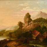 Unbekannter Künstler um 1800 „Romantische Landschaft mit Wassermühle“, Öl/Leinwand doubliert, 21x25cm (m.R. 27,5x32cm), Craquelé - Foto 1