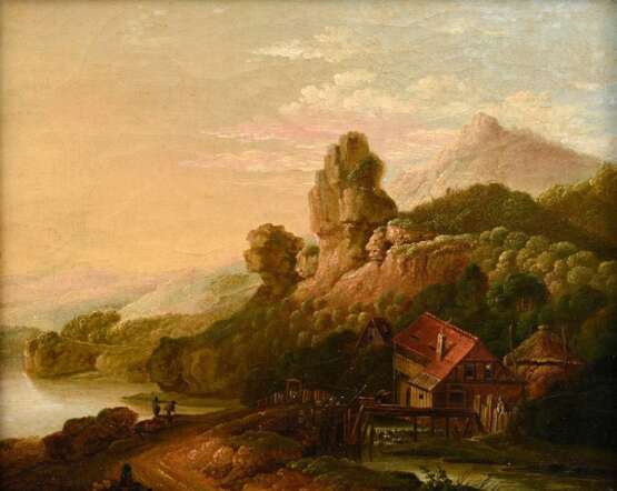 Unbekannter Künstler um 1800 „Romantische Landschaft mit Wassermühle“, Öl/Leinwand doubliert, 21x25cm (m.R. 27,5x32cm), Craquelé - фото 1