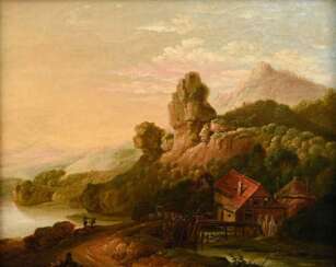Unbekannter Künstler um 1800 „Romantische Landschaft mit Wassermühle“, Öl/Leinwand doubliert, 21x25cm (m.R. 27,5x32cm), Craquelé