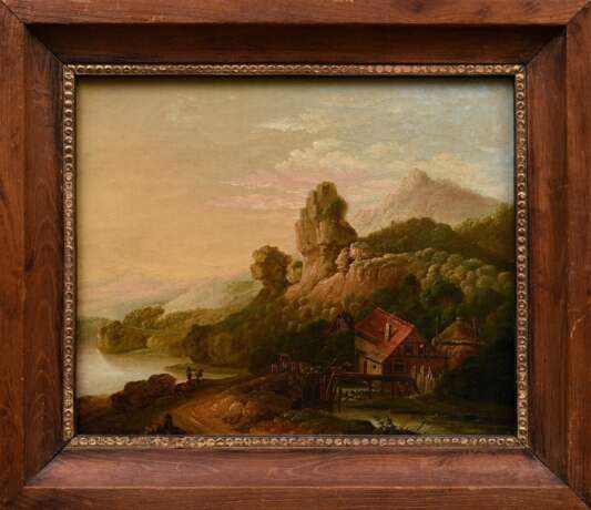 Unbekannter Künstler um 1800 „Romantische Landschaft mit Wassermühle“, Öl/Leinwand doubliert, 21x25cm (m.R. 27,5x32cm), Craquelé - photo 2
