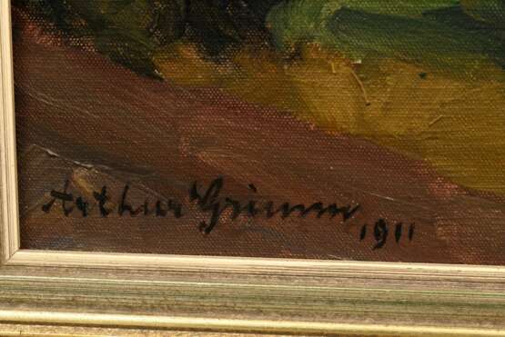 Grimm, Arthur (1883-1948) "Mühle im Odenwald" 1911, Öl/Leinwand, u.l. sign./dat., verso auf Keilrahmen bez., 48,3x48,3cm (m.R. 55,6x55,6cm), Keilrahmen min. durchgedrückt, min. Defekte der Maloberfläche - photo 3