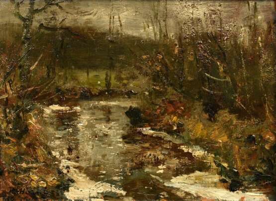 Höckner, Rudolf (1865-1942) "Winterliche Flusslandschaft", Öl/Papier auf Hartfaser kaschiert, u.l. sign., vergoldeter Impressionisten Rahmen (berieben), 14x19,3cm (m.R. 25,5x30,5cm) - photo 1
