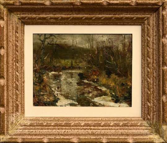 Höckner, Rudolf (1865-1942) "Winterliche Flusslandschaft", Öl/Papier auf Hartfaser kaschiert, u.l. sign., vergoldeter Impressionisten Rahmen (berieben), 14x19,3cm (m.R. 25,5x30,5cm) - photo 2