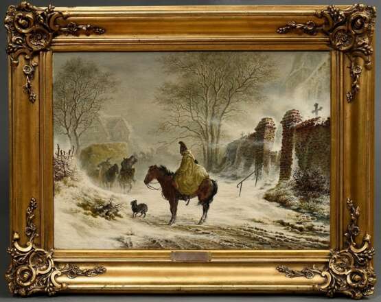 Kauffmann, Hermann I (1808-1889) "Dragoner im Schnee", Öl/Leinwand, u.l. sign., verso Klebeetikett "Galerie Commeter/Hbg.", Prunkrahmen (min. Altersspuren), 31x43cm (m.R. 44x55,8cm), Craquelé, leicht … - photo 2