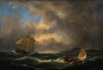 Emmerik, Govert van (1808-1882) „Schiffe in stürmischer See“, Öl/Leinwand wohl doubliert, u.r. sign., Prunkrahmen (min. Defekte), 46x65cm (m.R. 77x97cm), min. Craquelé