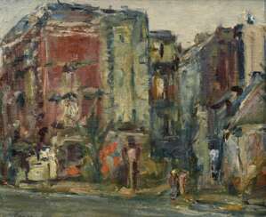 Feser, Albert (1901-1995) &quot;Das Rote Haus (Mundsburg)&quot; 1966, Öl/Leinwand auf Hartfaser kaschiert, u.l. sign./dat., verso bez./betit., 30x35cm (m.R. 39,5x45,5cm)