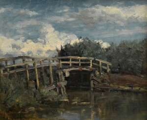 Roelofs, Willem (1822-1897) &quot;Holzbrücke&quot;, Öl/Leinwand auf Holz kaschiert, u.l. sign., 23,5x28,5cm (m.R. 37,5x42,5cm)