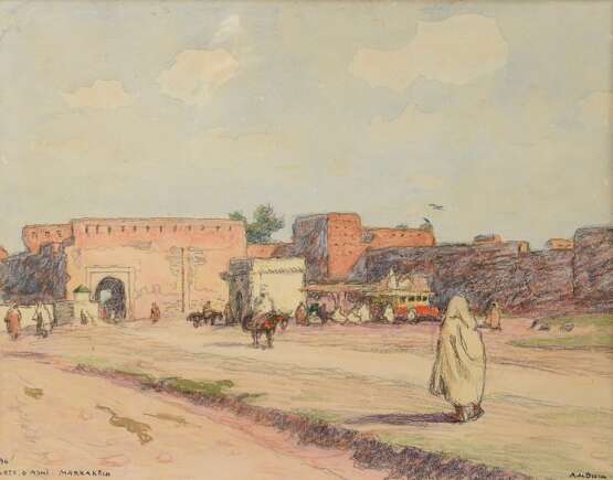 Broca, Alexis Louis de (1868-1948) "Porte D'Asni - Marrakech" 1936, Aquarell/Pastellkreide, Papier auf Holz kaschiert, u. sign./dat./bez., 39,5x48,8cm (m.R. 54x62,8cm), leichte Altersspuren - photo 1