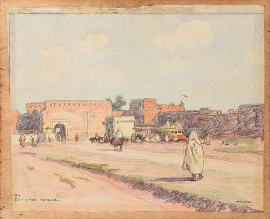 Broca, Alexis Louis de (1868-1948) "Porte D'Asni - Marrakech" 1936, Aquarell/Pastellkreide, Papier auf Holz kaschiert, u. sign./dat./bez., 39,5x48,8cm (m.R. 54x62,8cm), leichte Altersspuren - фото 6