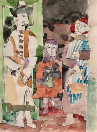 Grimm, Wilhelm (1904-1986) "Drei in der Tür" 1967, Aquarell/Bleistift/Collage, m.r. sign/dat., u.l. bez. "34 G", verso Klebeetikett "Galerie Herold/Hbg." freigestellt gerahmt, versilberter B… - фото 1