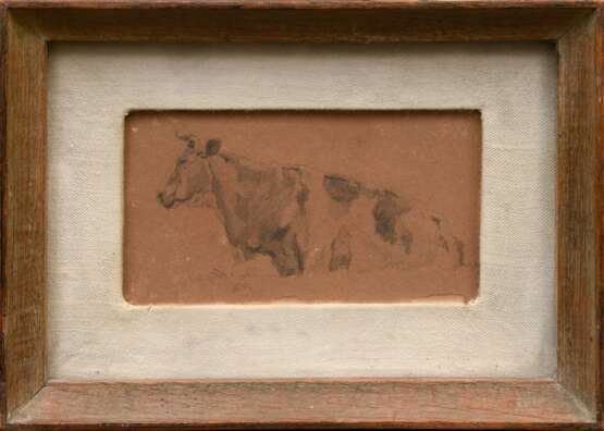 Herbst, Thomas (1848-1915) "Liegende Kuh", Bleistift, Papier auf Pappe kaschiert, 8,5x14,4cm (m.R. 16,2x22,2cm), vergilbt, leichter Wasserschaden - фото 1