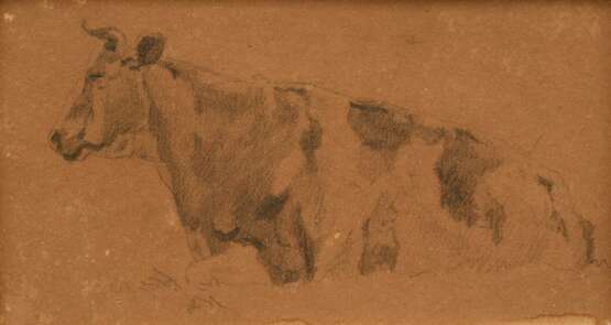 Herbst, Thomas (1848-1915) "Liegende Kuh", Bleistift, Papier auf Pappe kaschiert, 8,5x14,4cm (m.R. 16,2x22,2cm), vergilbt, leichter Wasserschaden - фото 2