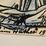 Hüther, Julius (1881-1954) "Akt im Bad" 1947, Tinte/Aquarell/Farbstift, u. sign./dat., auf Papier montiert, 29,2x20,2cm (42x29,5cm), kleine Randdefekte, 2 kleine Risse (1,5-2cm), Provenienz: Slg. Gustav Bürger/… - Foto 3