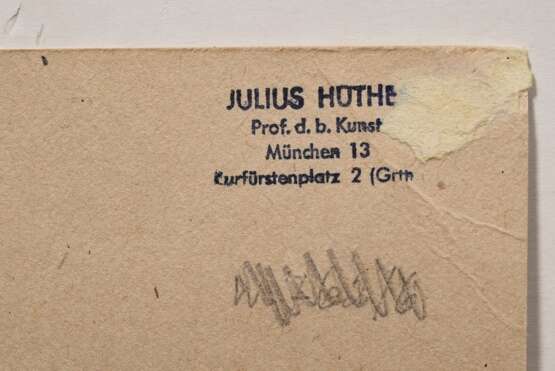 Hüther, Julius (1881-1954) "Abschied (Auer Dult)", Tinte, u. sign., auf Karton montiert, verso bez./gestempelt, 24x16,8cm (34x24cm), kleine Randdefekte, Provenienz: Slg. Gustav Bürger/ München - Foto 5