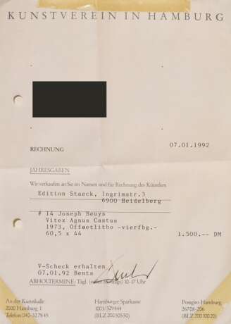 Beuys, Josef (1921-1986) "Vitex Agnus Castus" 1973, Farboffset, 915/1000, u. sign./num., mit Originalrechnung Kunstverein Hamburg, PM 51,4x35cm, BM 60,5x44cm - фото 5