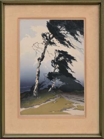 Droege, Oscar (1898-1983) "Birken im Sturm", Farbholzschnitt, u.r. sign., PM 35,6x23,8cm (m.R. 52x38,7cm), vergilbt - photo 2