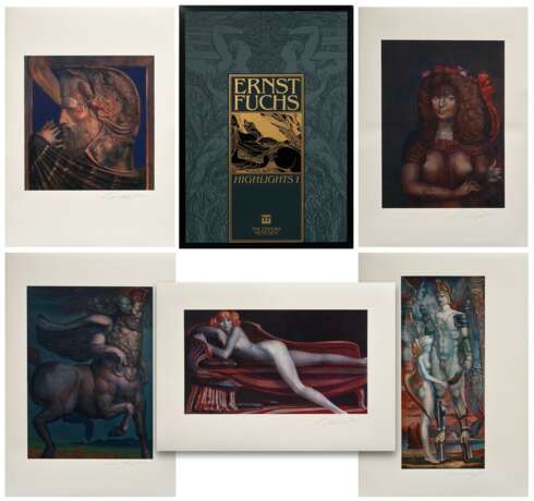 Fuchs, Ernst (1930-2015) Mappe "Highlights I" 1979, Farbserigraphien, 341/450, 5 Blätter ("Perseus - Hommage à Daidalos", "Die Nymphe Grammophon", "Pegasus und Muse", "Telramu… - photo 1