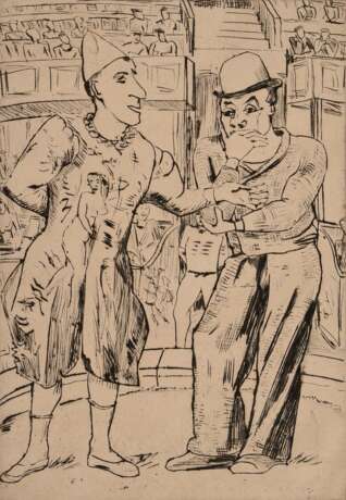 Heckel, Erich (1883-1970) „Zwei Clowns“ 1929, Radierung, 18/20, u. sign./dat./betit./num., PM 27x18,8cm, BM 47x33,5cm, verso Montagereste, leicht fleckig - photo 1