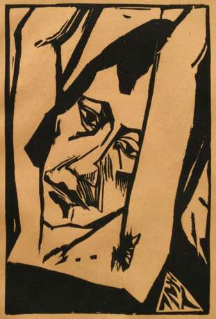 Heckel, Erich (1883-1970) „Mädchenkopf“ 1913, Holzschnitt, aus: "Genius. Zeitschrift für werdende und alte Kunst, München 1920", verso betit./bez., PM 26x17cm, BM 34,8x25,6cm (m.R. 58x47cm), verso Montagreste, … - Foto 1