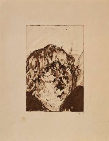 Janssen, Horst (1929-1995) "Selbstbildnis aus 'Hokusai's Spaziergang'" 1971, Radierung, u.r. sign./dat., i.d. Platte dat./bez., PM 22,3x14,8cm, BM 35,5x28cm, min. fleckig - Foto 2