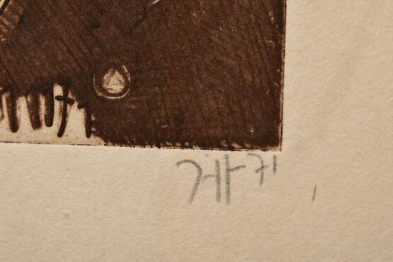 Janssen, Horst (1929-1995) "Selbstbildnis aus 'Hokusai's Spaziergang'" 1971, Radierung, u.r. sign./dat., i.d. Platte dat./bez., PM 22,3x14,8cm, BM 35,5x28cm, min. fleckig - Foto 3