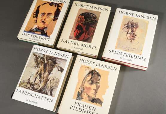 5 Bände Horst Janssen (1929-1995) "Selbstbildnis", "Nature Morte", "Das Portrait", "Frauenbildnisse" und "Landschaften", 2x auf dem Schmutzblatt sign., 1 Lesezeichen, 198… - Foto 1