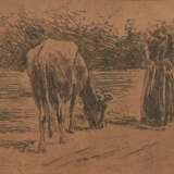 Liebermann, Max (1847-1935) "Junge Hirtin" 1894, Radierung, u.r. sign., im Passepartout montiert, PM 17,5x17,7cm, BM 21,2x23,6cm (m.R. 25x27,8cm), gebräunt - Foto 1