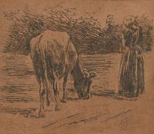 Liebermann, Max (1847-1935) "Junge Hirtin" 1894, Radierung, u.r. sign., im Passepartout montiert, PM 17,5x17,7cm, BM 21,2x23,6cm (m.R. 25x27,8cm), gebräunt - Foto 1