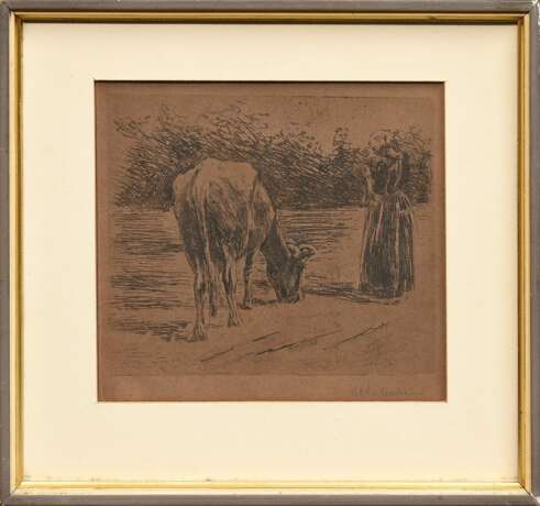 Liebermann, Max (1847-1935) "Junge Hirtin" 1894, Radierung, u.r. sign., im Passepartout montiert, PM 17,5x17,7cm, BM 21,2x23,6cm (m.R. 25x27,8cm), gebräunt - Foto 2