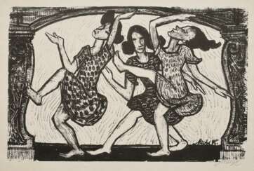 Maetzel, Emil (1877-1955) &quot;Drei Tanzende Frauen&quot; 1948, Lithographie, u.r. sign., u.r. i.d. Platte sign./dat., PM 30,5x47cm, BM 40x56,7cm, kleine Randdefekte